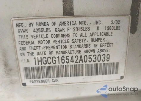 2002 Honda Accord 3.0 Ex из США, поврежденный, VIN 1HGCG16542A053039